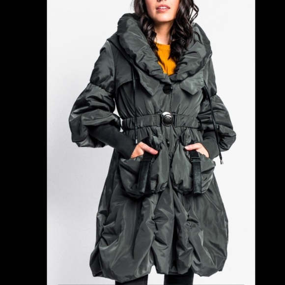 PINK MARTINI Abi Coat green metallic knit sleeves removable hood ruffle coat - Picture 11 of 17